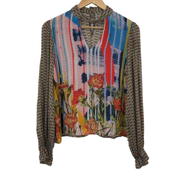 Anthropologie Conditions Apply Multicolor Peasant keyhole balloon sleeve blouse - Picture 2 of 16